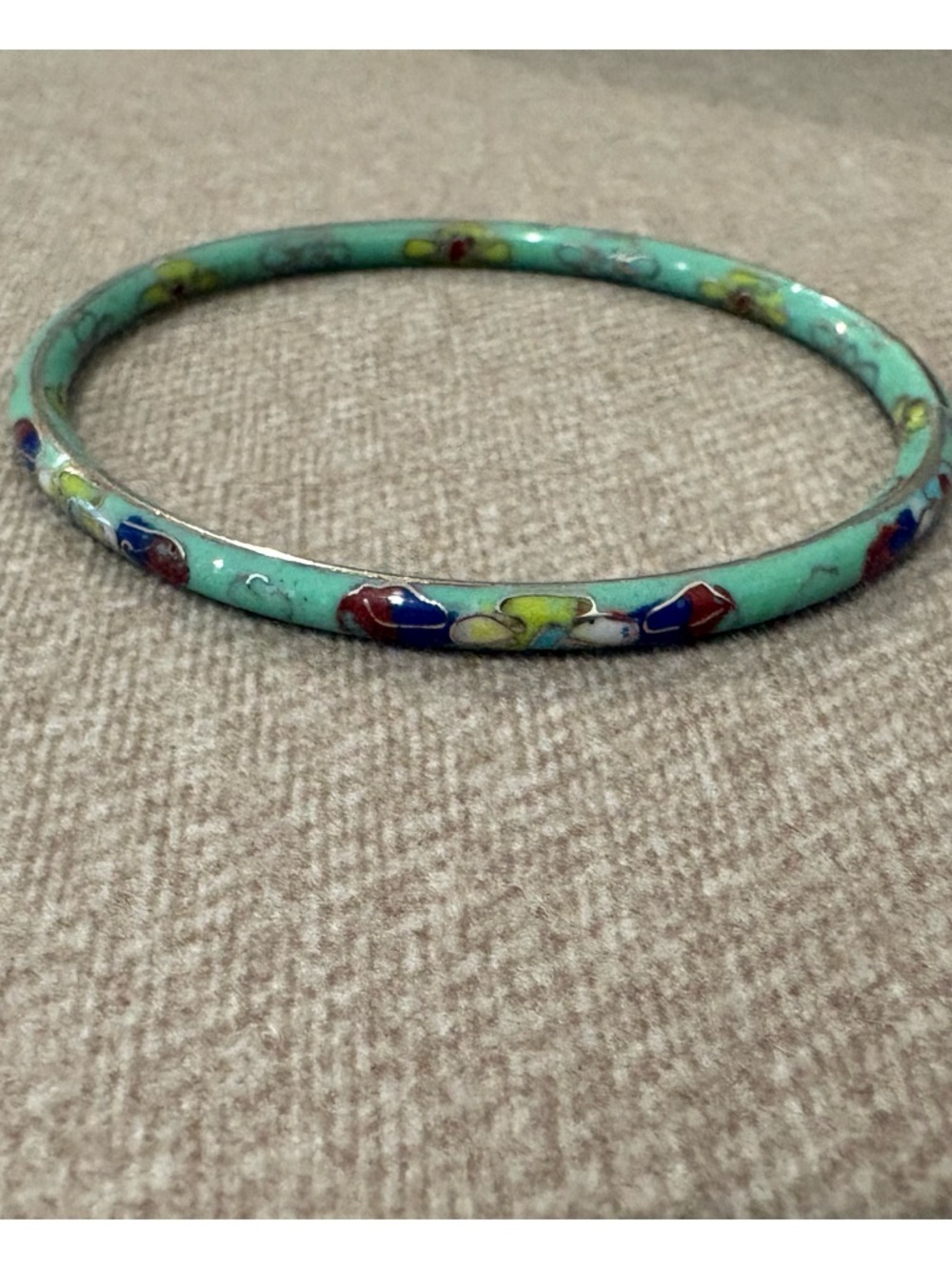 Vintage Mint Green Cloisonné Bangle Bracelet with Multicolor Floral Accents